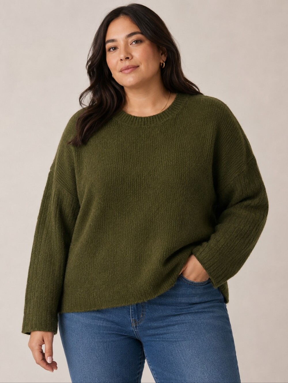 Studio B by Bobeau Olive Cable Sleeve Oversized Sweater 3X Plus Size